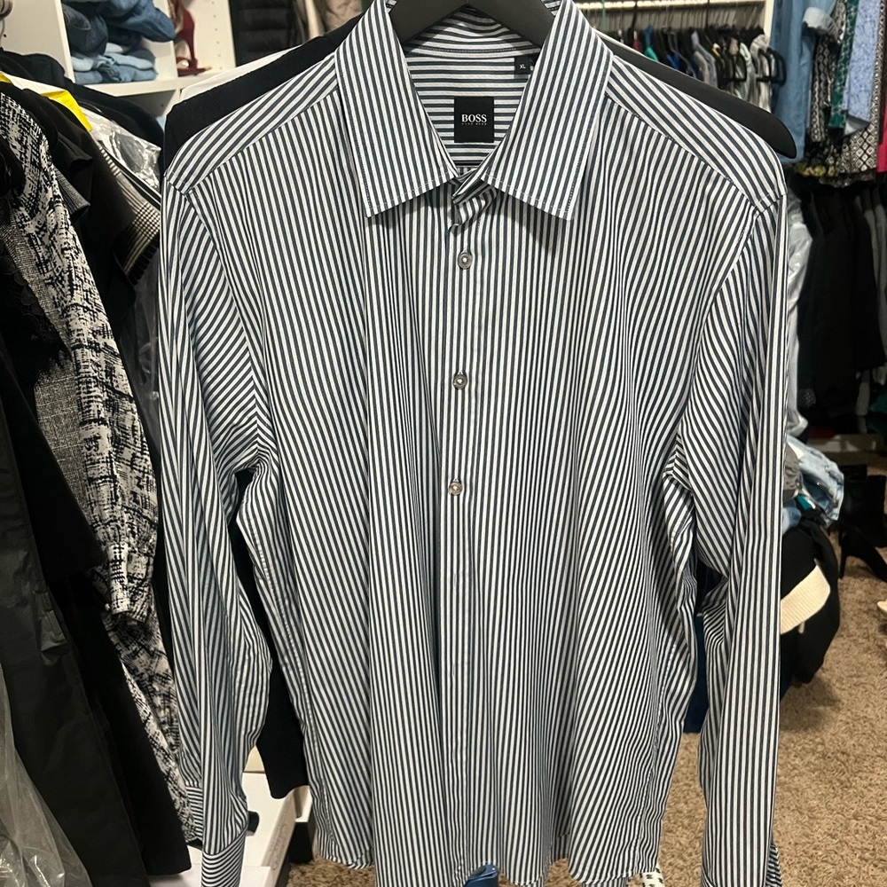Hugo Boss Gray and White Vertical Stripe Dress Shirt